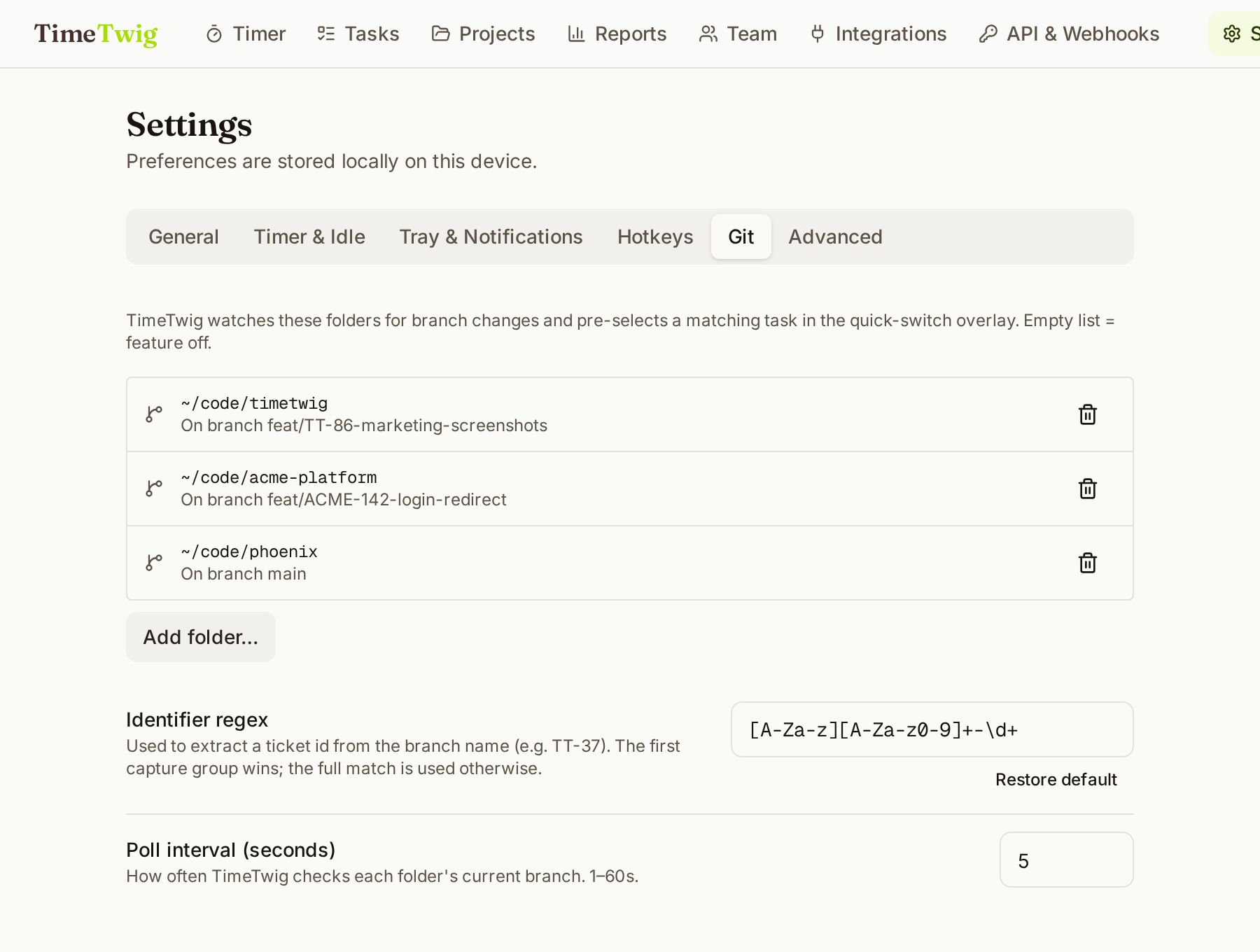 Settings Git tab with watched folders and branch identifier regex