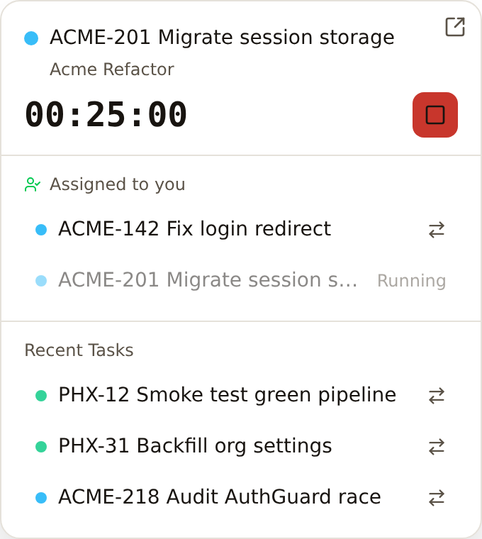 System-tray popup showing the active timer and recent tasks
