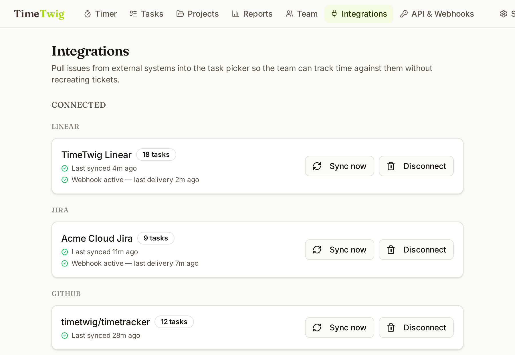 Integrations page showing Linear, Jira, and GitHub connected